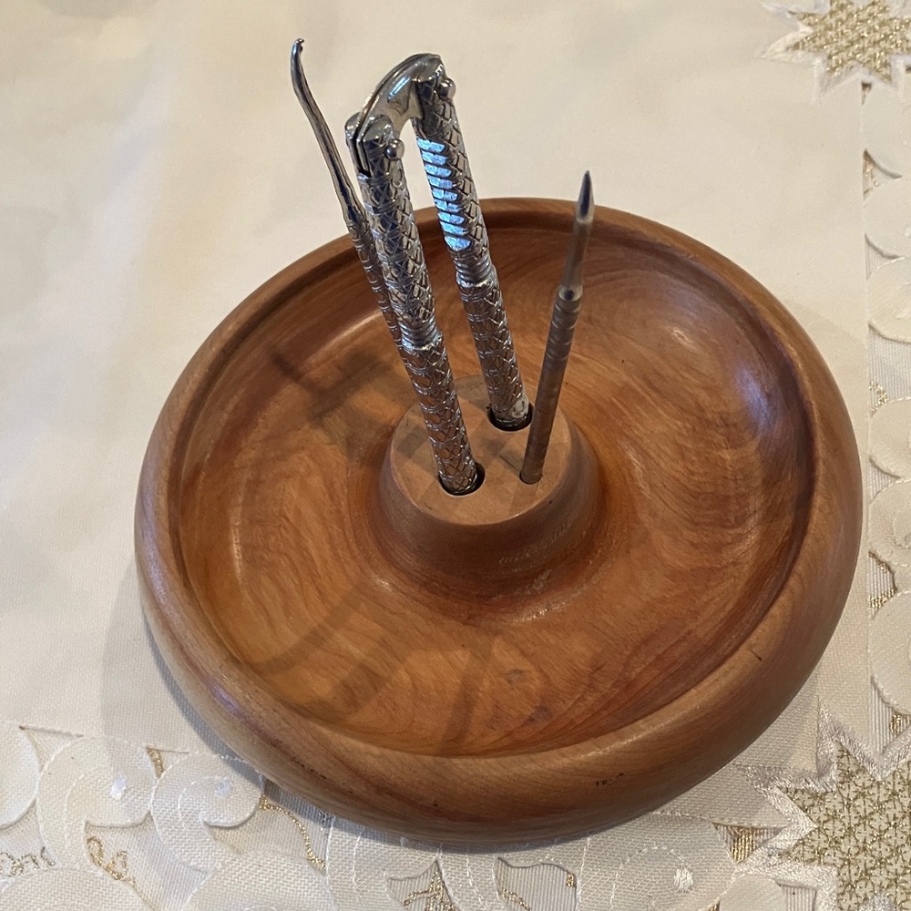 Vintage MCM round wooden nut bowl with implements